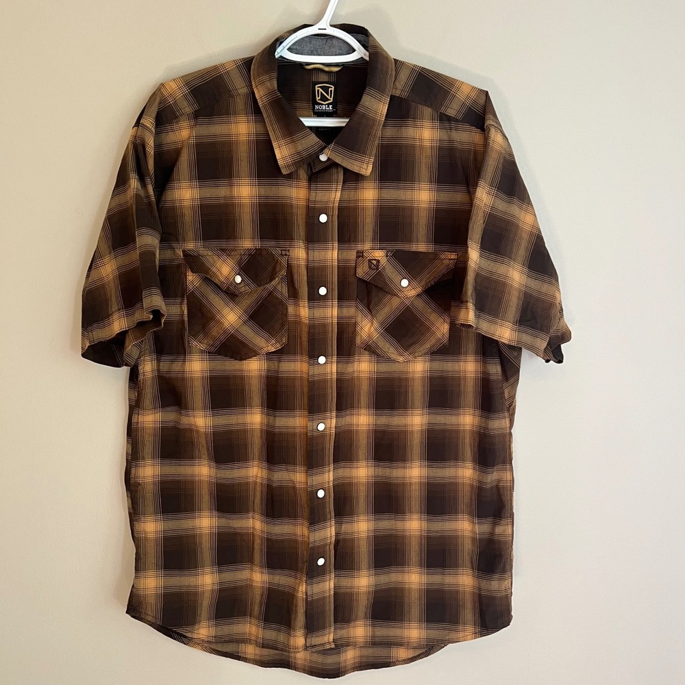 Noble Outfitters Mens Large Brown Tan Plaid Short Sleeve Snap Front Work Shirt